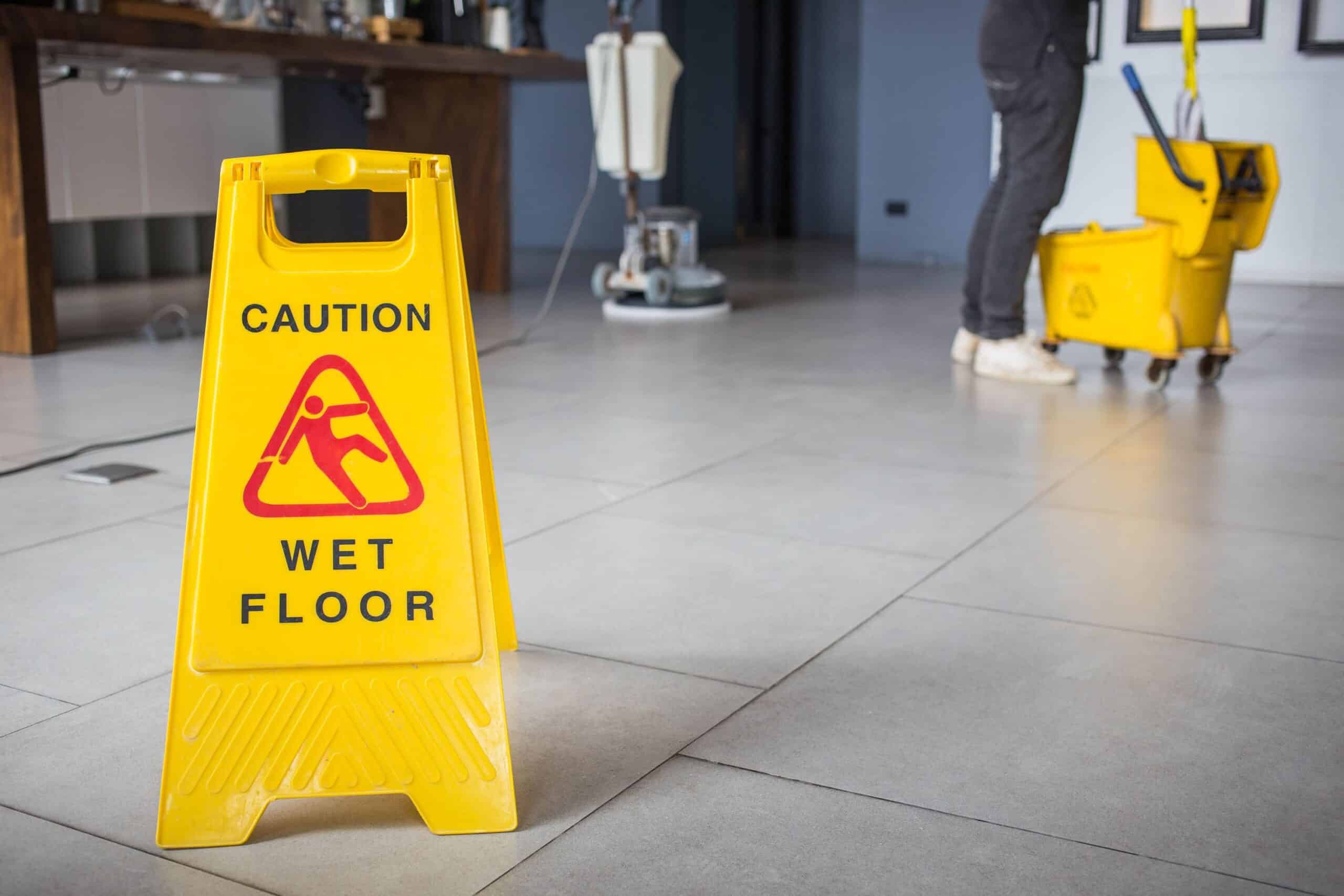 Yellow CAUTION: WET FLOOR sign on a slipping hazard salon wet floor, near an employee mopping and buffing the floors.