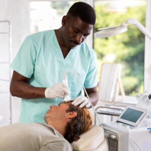 Male esthetician performs anti-aging procedure on male client at cosmetic clinic. Working with upset clients is one of many challenges of being an esthetician.