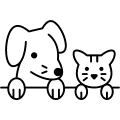 Outline of dog and cat with paws leaning over an undrawn wall.