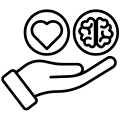 Illustrated hand held palm-open, with icons of a heart and a brain floating above, representing wellness and fitness health.