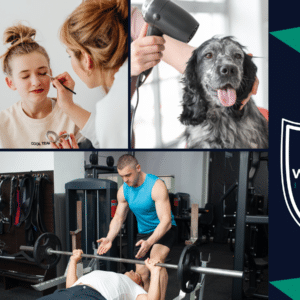 A collage featuring a barber, makeup artist, dog groomer, and fitness coach: all professionals who should utilize fitness and beauty industry insurance for peace of mind against claims.