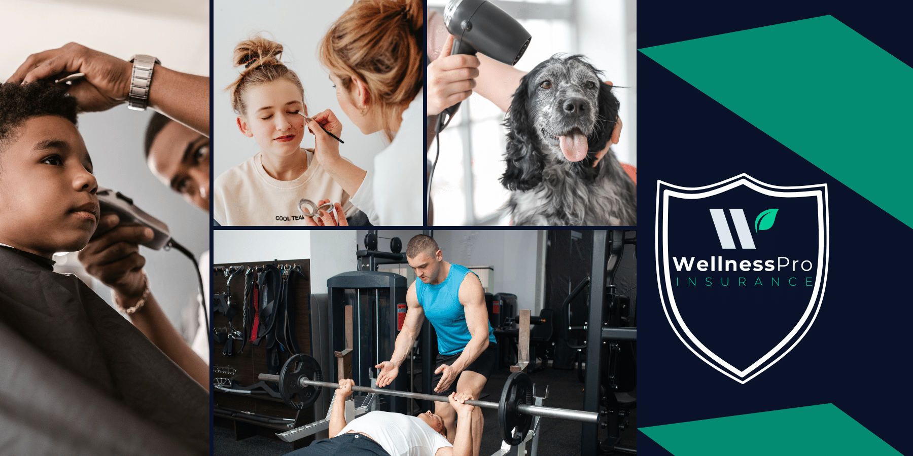 A collage featuring a barber, makeup artist, dog groomer, and fitness coach: all professionals who should utilize fitness and beauty industry insurance for peace of mind against claims.