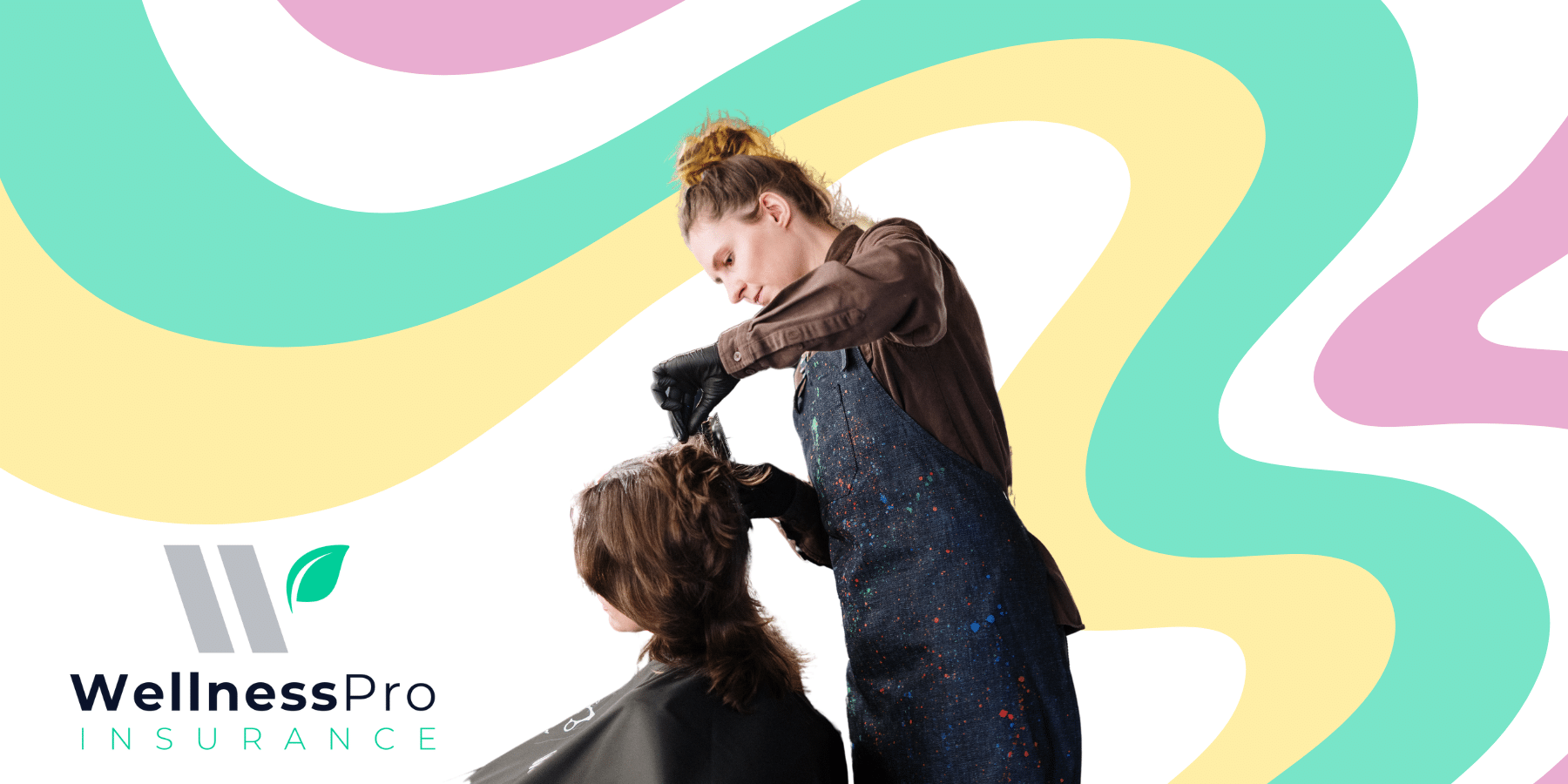 Hairdresser or barber, who likely has cosmetologist insurance, wearing a paint-splattered apron puts product in client’s hair. Featuring WellnessPro Insurance logo and swirly background of pink, yellow, and green.