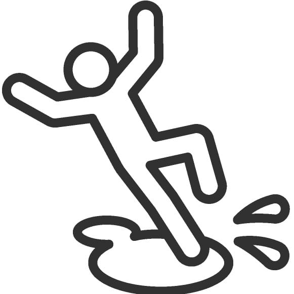 Black and white icon of a person slipping on a puddle. Hairdresser insurance protects you from these accidents.