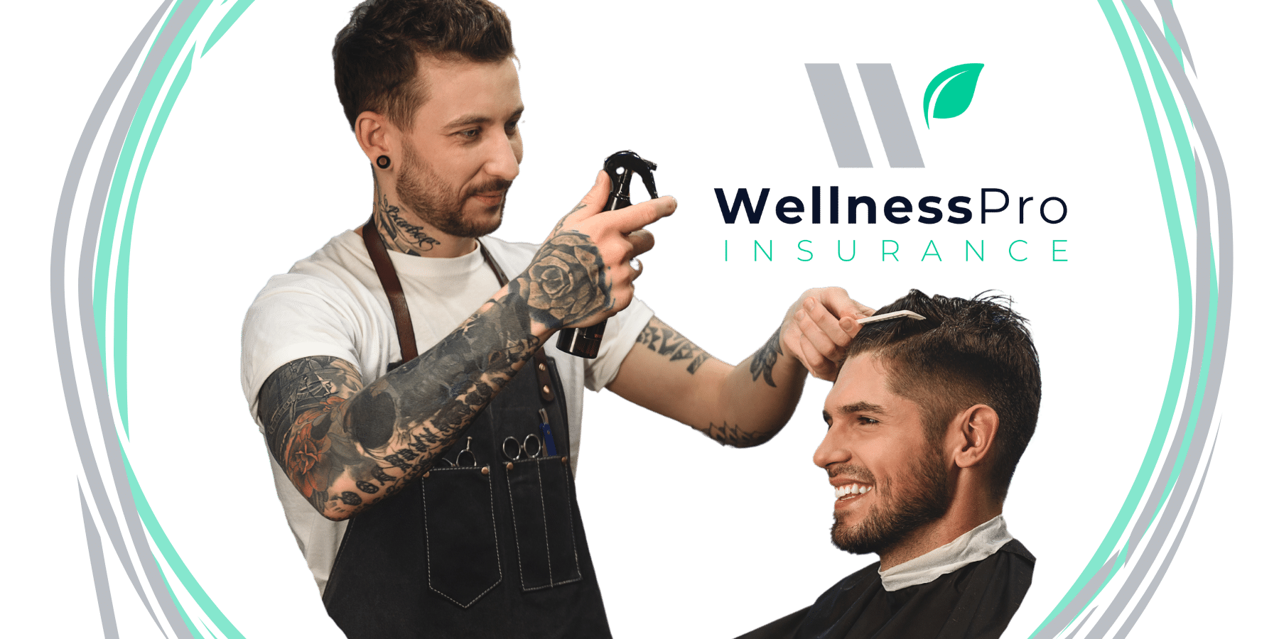 Barber wearing an apron uses a comb and spray bottle on client’s hair, while client sits smiling. WellnessPro logo and green-grey lines swirl in the background. Insurance for barbers and hairstylists is key to ensuring happy stylists and customers.