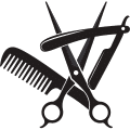 Black and white icon featuring hairstyling scissors, a razor, and a comb. Good tools like these (and insurance for barbers) are essential for a new salon.