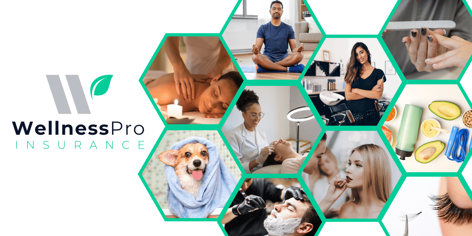 Collage of hexagon-shaped images featuring different professionals like a massage therapist, hair stylist, barber, makeup artist, etc. Highlights all the professional services insurance coverage in WellnessPro’s program.