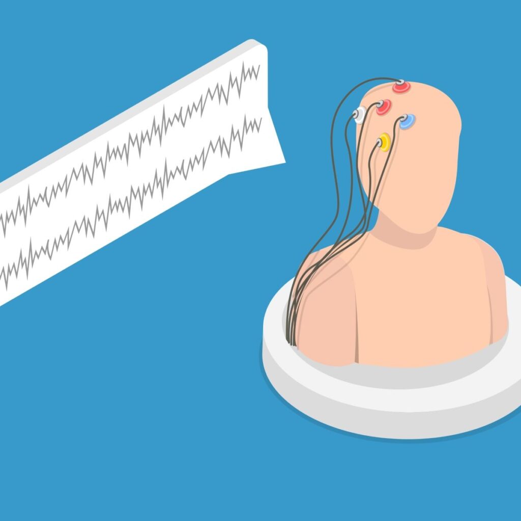 Illustration of a humanoid head and torso with multiple colored biofeedback massage therapy electrodes attached to the head, and waves of data coming from the electrodes.