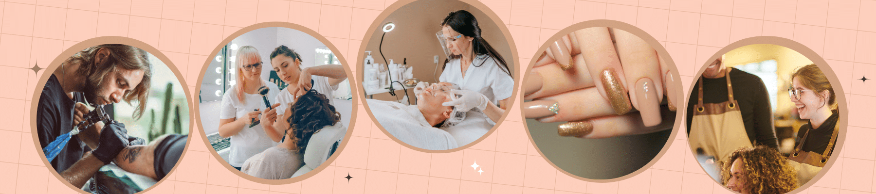 Five photos cropped into circles representing modalities one may need beauty salon insurance costs for. Left to right: a tattoo artist working on a client's arm; two cosmetologists doing a client's makeup; an esthetician applying a face mask; a close-up of glittery nails; and two hairstylists smiling at a client.