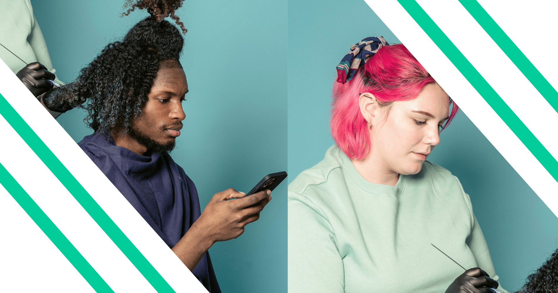 On the left, a man wearing a barber or hair salon cape looks down at his phone. On the right, a hairstylist, cosmetologist, or beautician puts product in the client's hair.