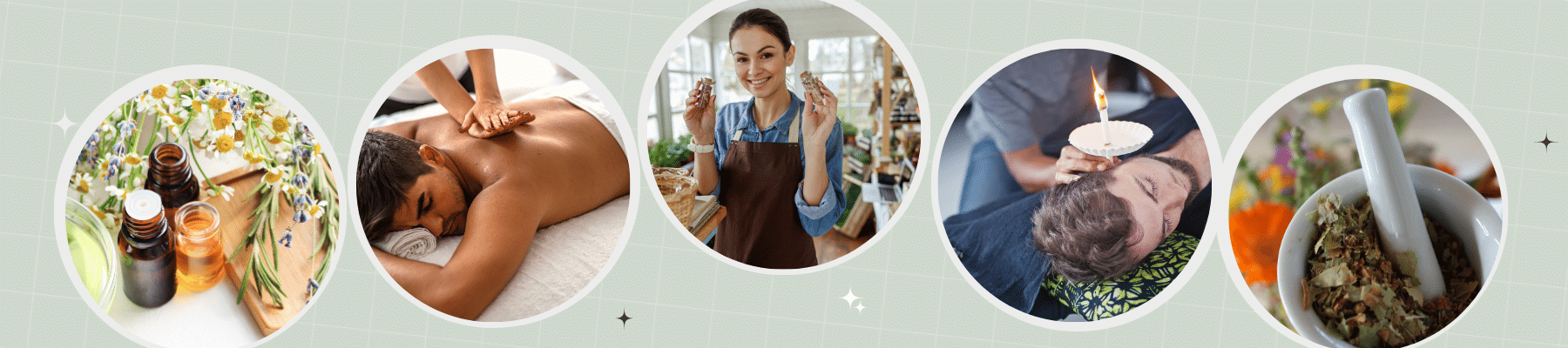 Five photos cropped into circles representing wellness modalities Left to right: flowers and bottles of aromatherapy oil; a man being massaged on a massage table; a woman holding herbs; a man undergoing ear candling; and herbs crushed in a mortar and pestle.