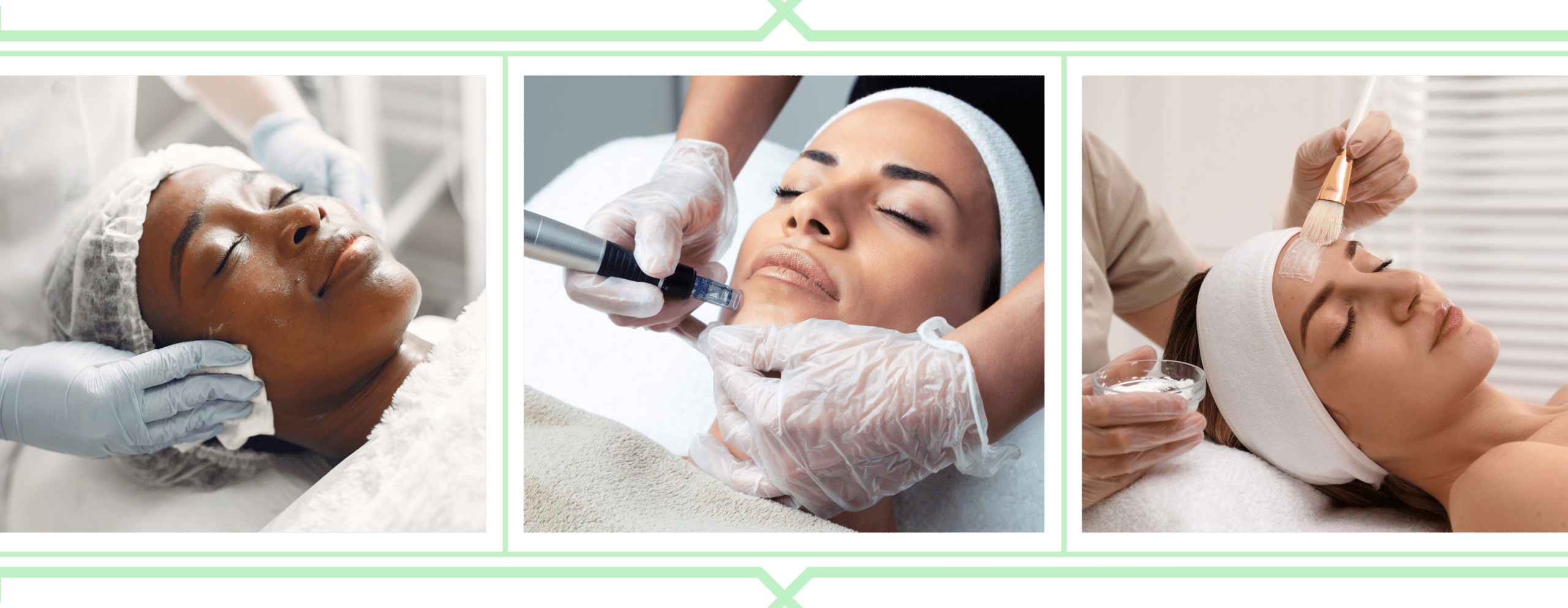 Three images from left to right: a woman receiving a facial, a woman getting microneedling, and a woman getting product applied to her face--all illustrating what you can do with a master esthetician license.