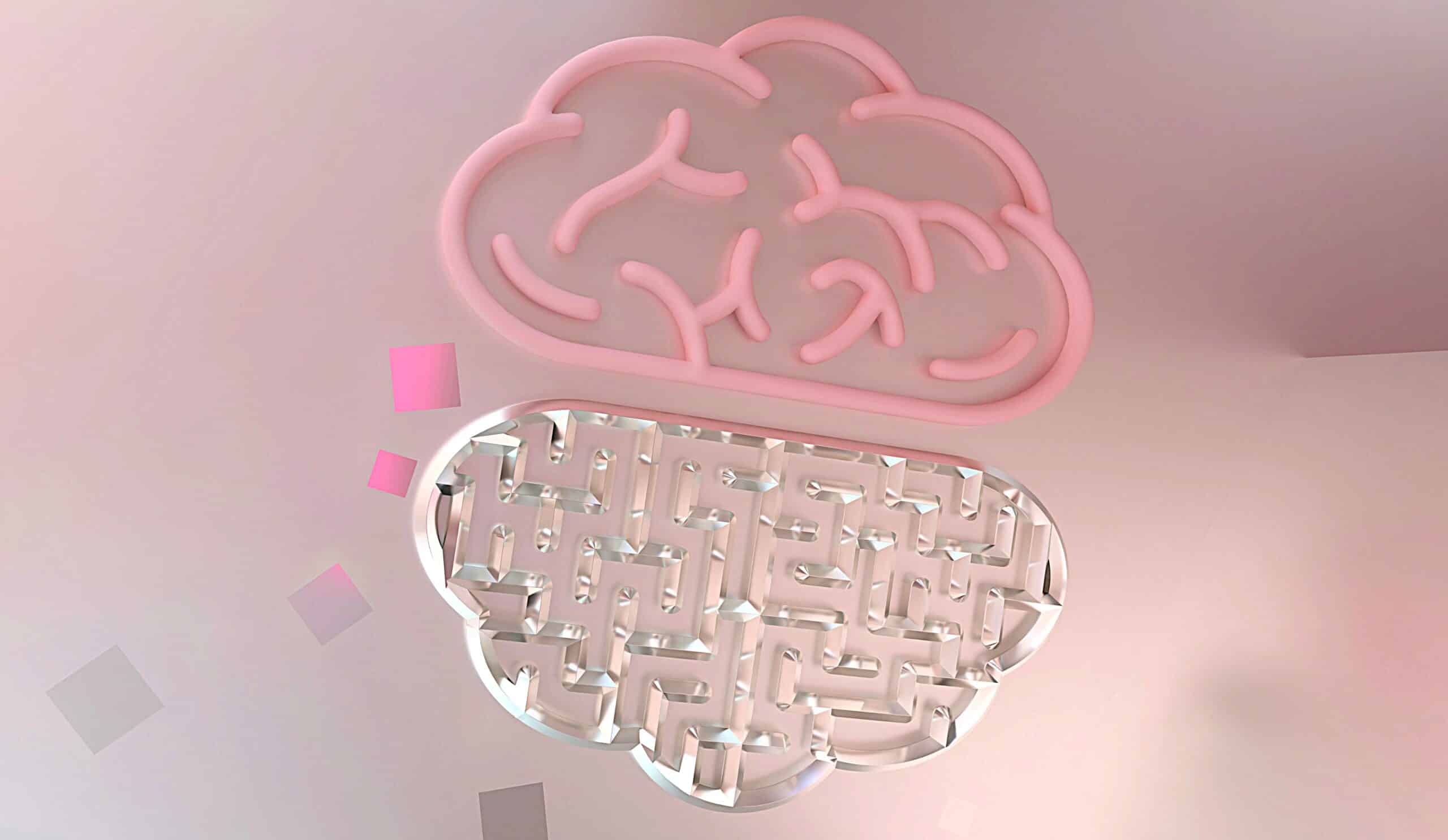 3D rendering of a brain parallel to a microchip-looking brain, illustrating AI in the wellness industry or AI for health and wellness.