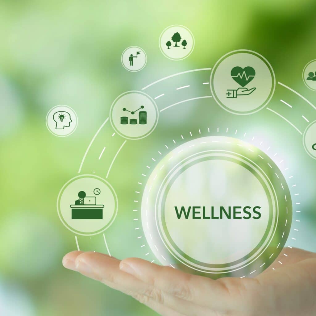 Person’s hand held out, containing a digital sphere that says “wellness” surrounded by smaller spheres, like what one might consider when starting a multimodal health and wellness business: a person at a desk, a bar chart, a heart, and other symbols.