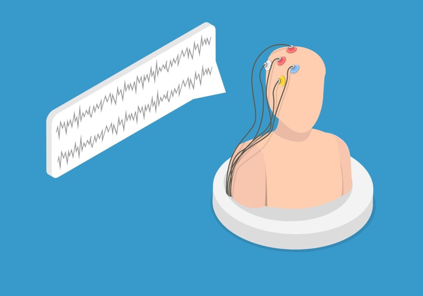 Illustration of a humanoid head and torso with multiple colored biofeedback massage therapy electrodes attached to the head, and waves of data coming from the electrodes.