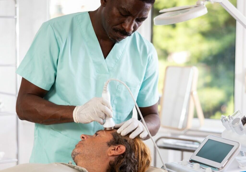 Male esthetician performs anti-aging procedure on male client at cosmetic clinic. Working with upset clients is one of many challenges of being an esthetician.