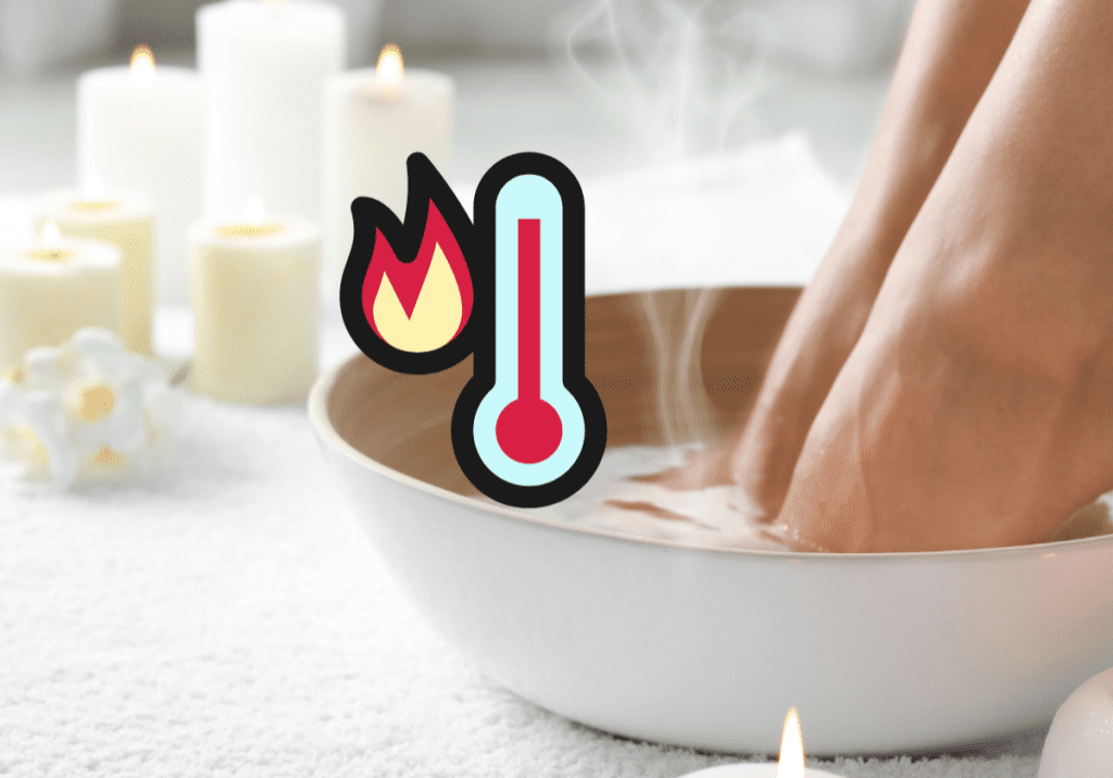 Calm salon floor with white and yellow candles and flowers, a carpet, and a white and brown bowl of water. Pedicure client places feet in the water, near hovering steam and a graphic of a red thermometer. Portrays the risks and dangers of nail salon burns from hot water.