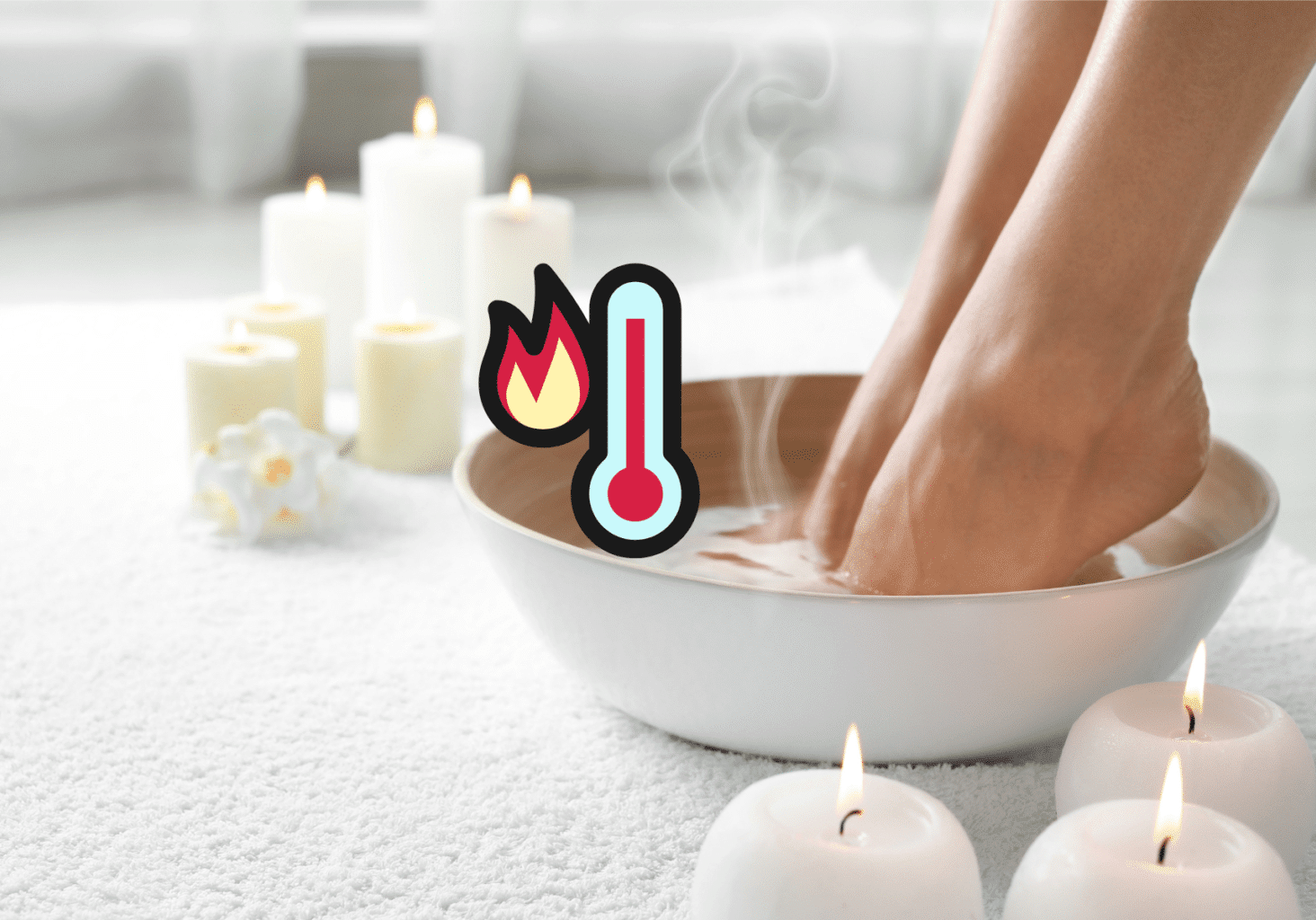 Calm salon floor with white and yellow candles and flowers, a carpet, and a white and brown bowl of water. Pedicure client places feet in the water, near hovering steam and a graphic of a red thermometer. Portrays the risks and dangers of nail salon burns from hot water.